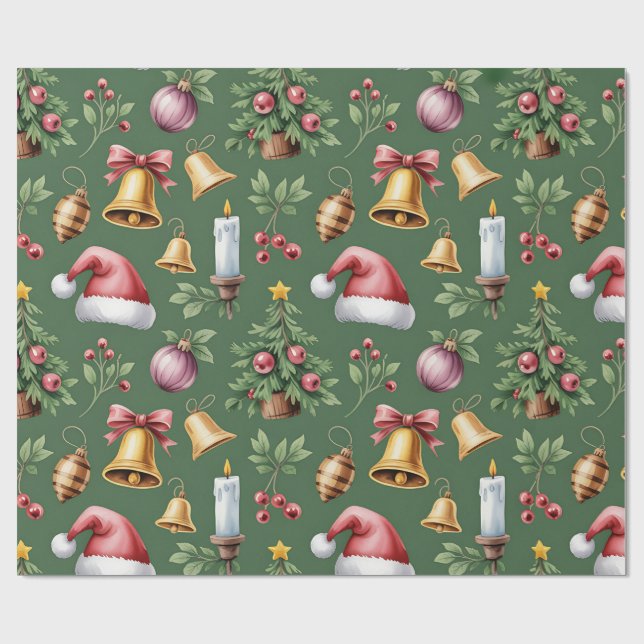 Retro Green Christmas Wrapping Paper Geschenkpapier (Flach)