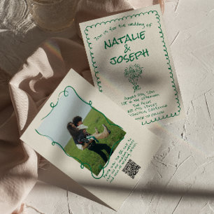 Retro Green Gezeichnet floral Foto QR Code Hochzei Einladung