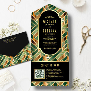 Retro Green Gold Marmor Art Deco QR Code Hochzeit All In One Einladung