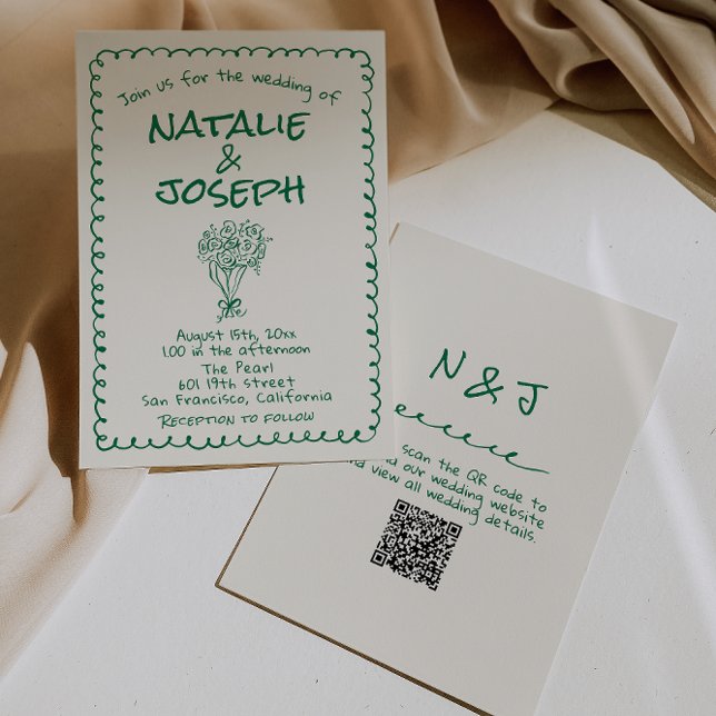 Retro Green Hand Drawn Quirky QR Code Hochzeit Einladung (Von Creator hochgeladen)