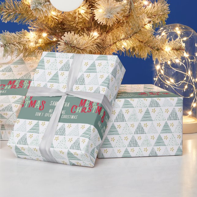 Retro Green Hygge Frohe Weihnachtsbaumen Name Geschenkpapier (Feiertage)