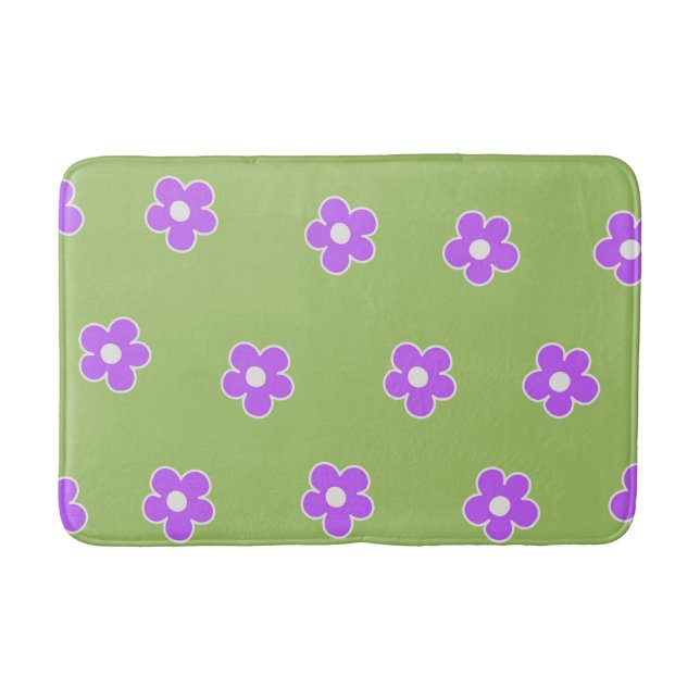 Retro Green Lila Floral Einfaches Muster Blume Badematte (Vorderseite)