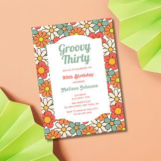 Retro Green Orange Bloral Groovy 30. Geburtstag Einladung