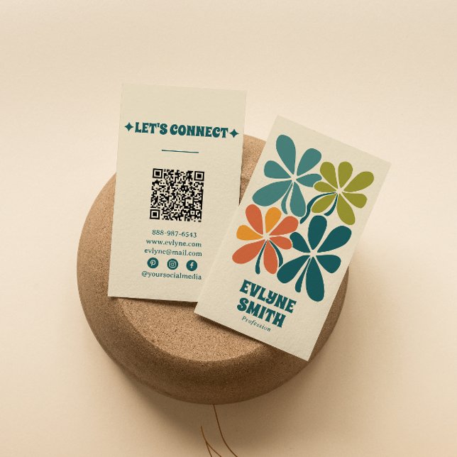 Retro Green Orange QR Code Boho Floral Unique Visitenkarte (Von Creator hochgeladen)