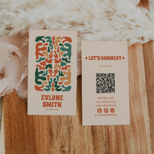 Retro Green Orange QR Code Groovy Floral Boho Visitenkarte
