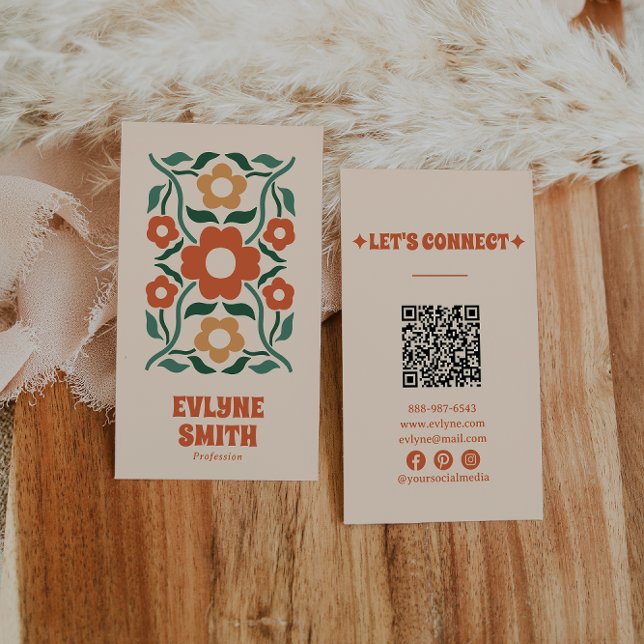 Retro Green Orange QR Code Groovy Floral Fun Boho Visitenkarte (Von Creator hochgeladen)