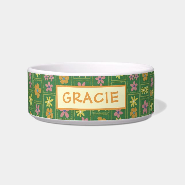 Retro Green Patchwork Floral Custom Medium Dog Napf (Vorderseite)