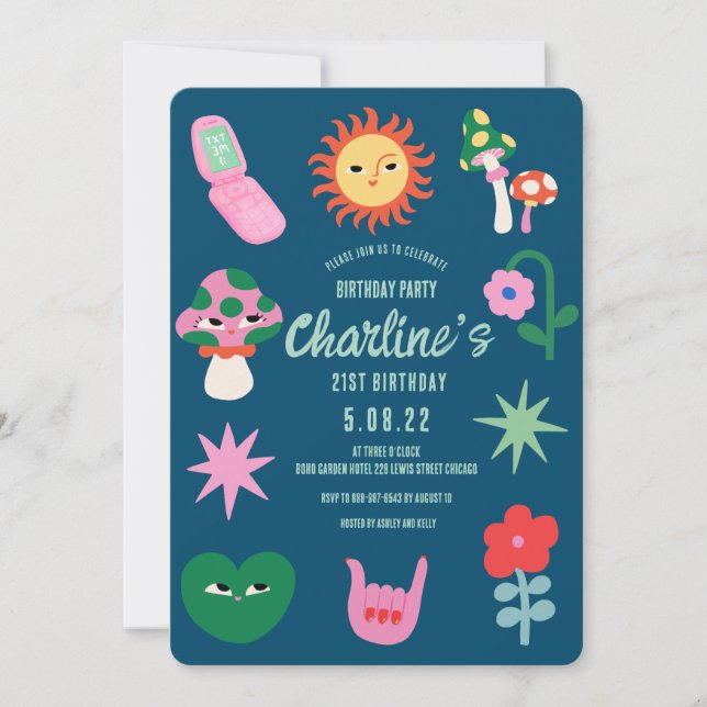 Retro Green Pink 21. Geburtstag Party Einladung (Vorderseite)