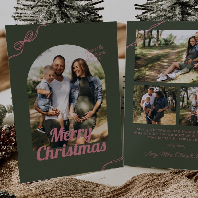 Retro Green & Pink Bow Arch Foto Weihnachten (Von Creator hochgeladen)