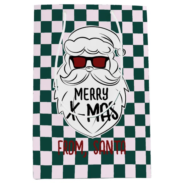 Retro Green Pink Checkered Santa Claus Christmas  Mittlere Geschenktüte (Vorderseite)