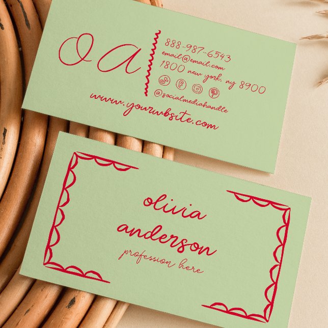 Retro Green Red Hand Gezeichnet Boho Girly Busi Visitenkarte (Von Creator hochgeladen)