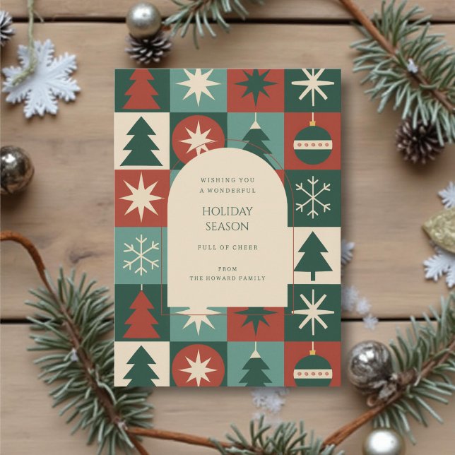 Retro Green Red Mid Mod Checkered Holiday Card (Von Creator hochgeladen)