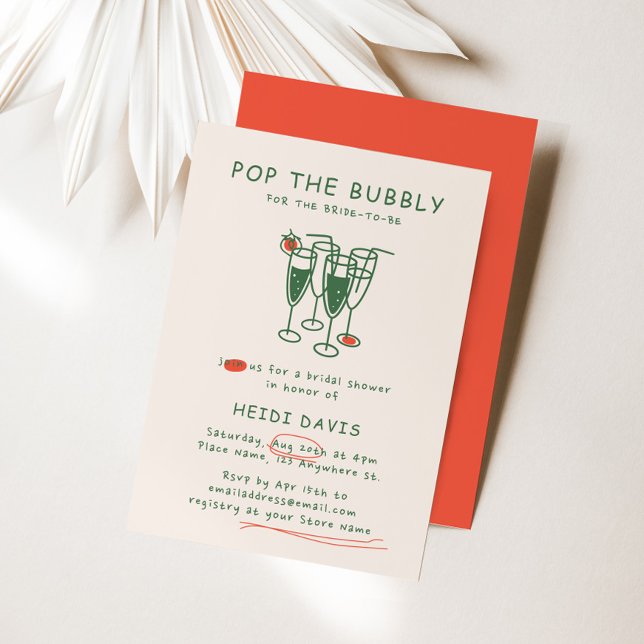 Retro Green & Red Pop Das Bubbly-Brautparty Einladung (Retro Green & Red Pop The Bubbly Bridal Shower Invitation)