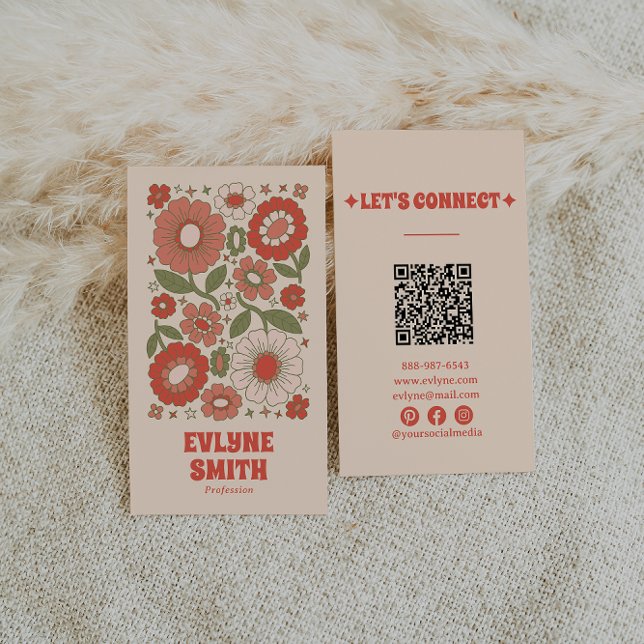 Retro Green Red QR Code Groovy Floral Funky Boho Visitenkarte (Von Creator hochgeladen)