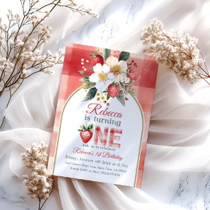 Retro Green Red Strawberry Berry Erster Geburtstag Einladung