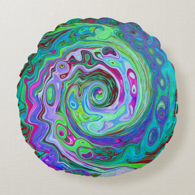 Retro Green, Red und Magenta Abstrakt Groovy Swirl Rundes Kissen (Vorderseite)