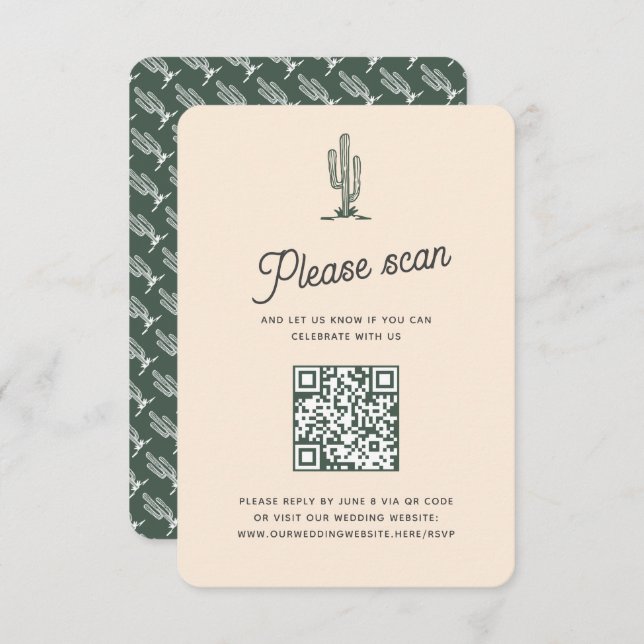 Retro Green Saguaro Cacti Wüste Wedding QR Code RSVP Karte (Vorne/Hinten)