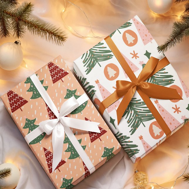 Retro Green Trees Pattern Christmas Holiday Geschenkpapier Set (Von Creator hochgeladen)