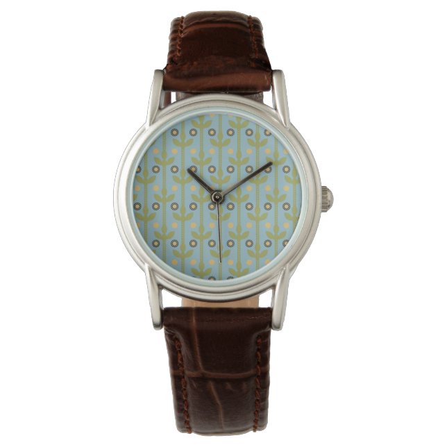 Retro Green und Blue Niedlich Folksfloral Muster Armbanduhr (Vorderseite)