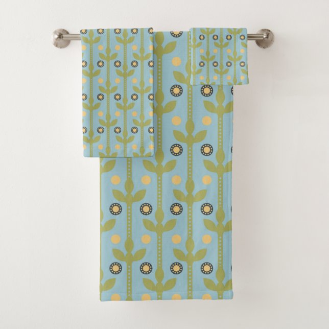 Retro Green und Blue Niedlich Folksfloral Muster Badhandtuch Set (Insitu)