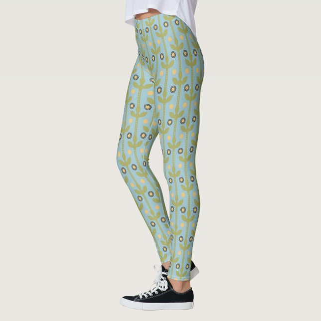 Retro Green und Blue Niedlich Folksfloral Muster Leggings (Links)