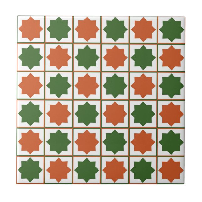 Retro Green und Burnt Orange Islamic Geometric Pat Fliese (Vorderseite)