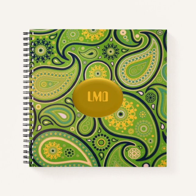 Retro Green und Gelb Paisley Monogram Notizbuch (Vorderseite)