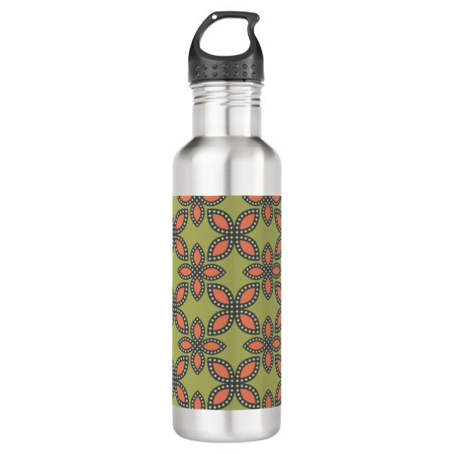 Retro Green und Orange Abstrakt Floral Muster Edelstahlflasche (Vorderseite)