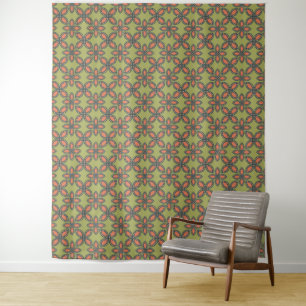 Retro Green und Orange Abstrakt Floral Muster Wandteppich