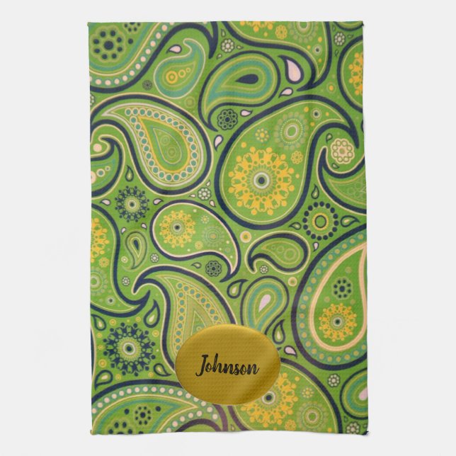 Retro Green und Yellow Paisley Design Geschirrtuch (Vertikal)
