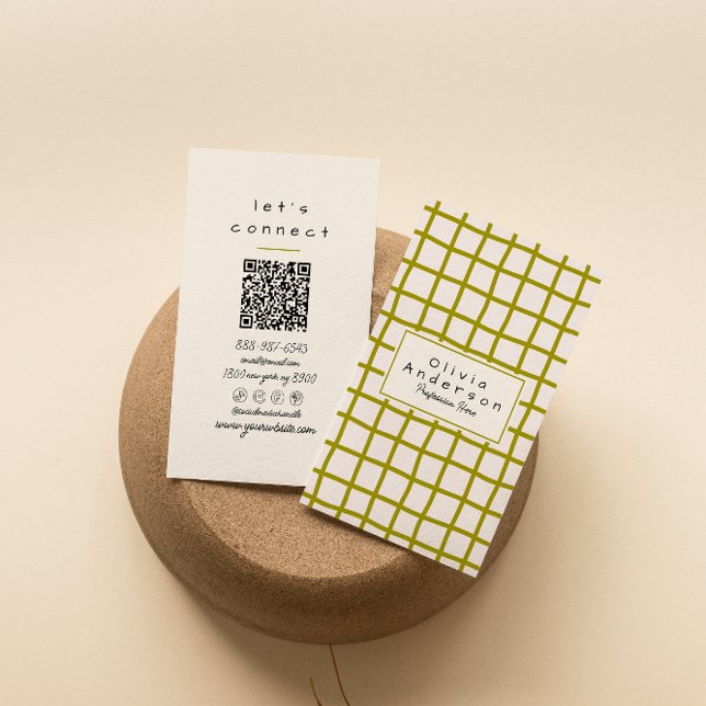 Retro Green Wavy Checkered Trendy Boho QR Code Visitenkarte (Von Creator hochgeladen)