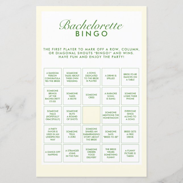 Retro Green & Yellow Bachelorette Bingo Game (Vorderseite)