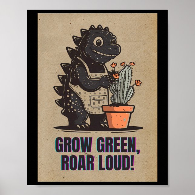 Retro Greenzilla – Cute Godzilla Gardening Sticker Poster (Vorne)