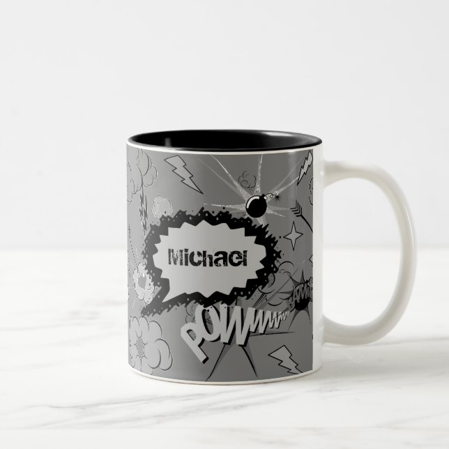 Retro Grey Custom Comic Book Pattern Personalised Zweifarbige Tasse (Rechts)