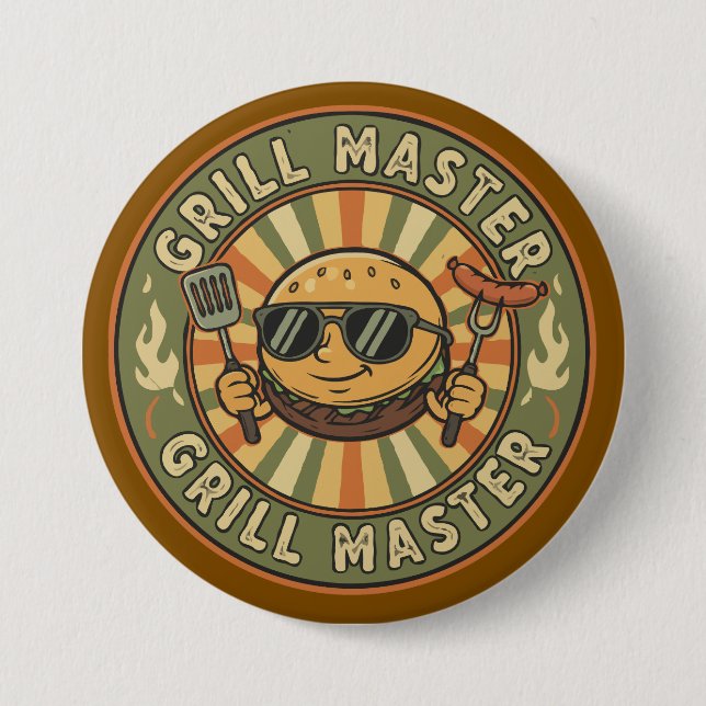 Retro Grill Master Burger Charakter BBQ King Vinta Button (Vorderseite)