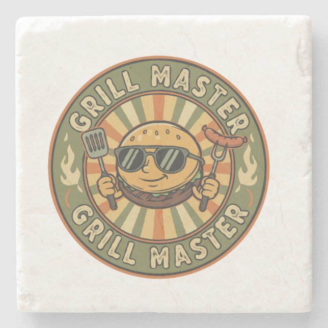 Retro Grill Master Burger Charakter BBQ King Vinta Steinuntersetzer (Vorderseite)