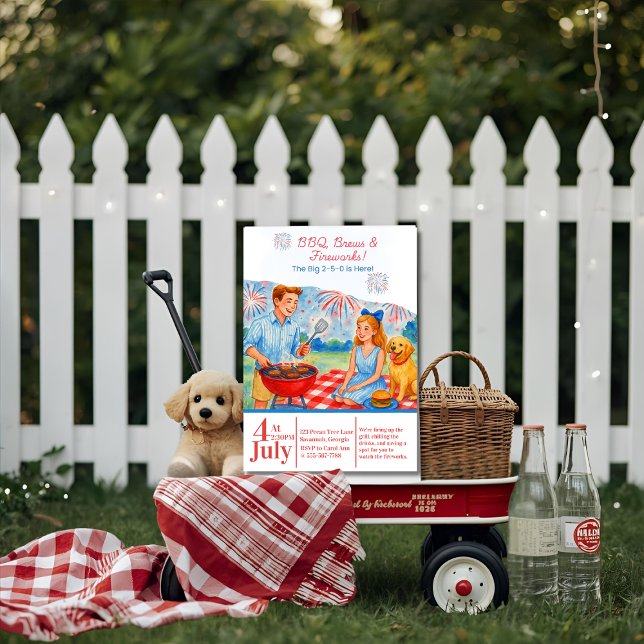 Retro GRILLEN Brews Fireworks Picnic 4. Juli 250. Einladung (Retro BBQ Brews Fireworks Picnic 4th of July 250th Invitation)