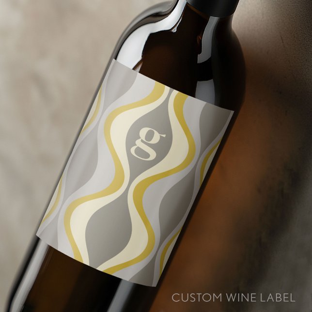 Retro-Groovitmuster - Monogramm - Goldtaupe Weinetikett (Custom Wine Bottle Label - Personalize a Sticker for a fun gift or memento)