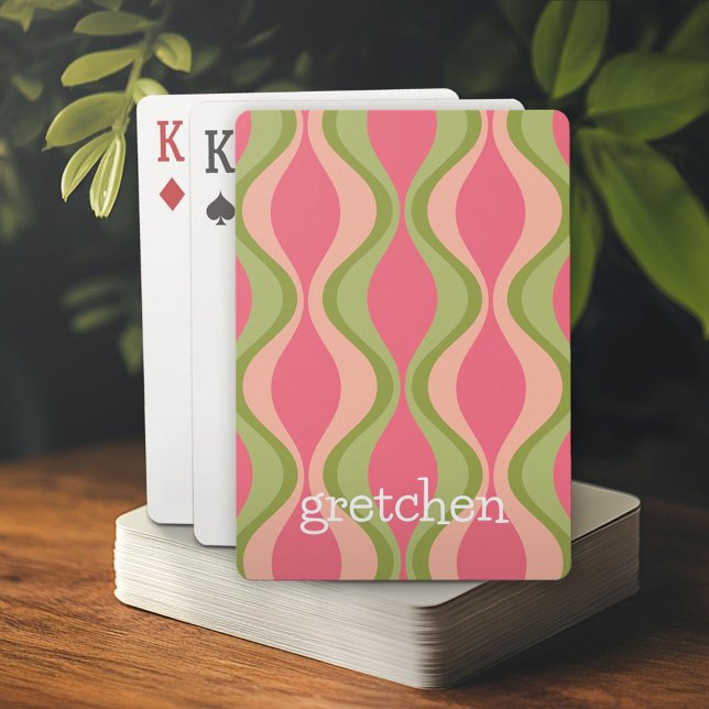 Retro-Groovitmuster - Monogramm - Olivrosa Spielkarten (Personalized playing cards)