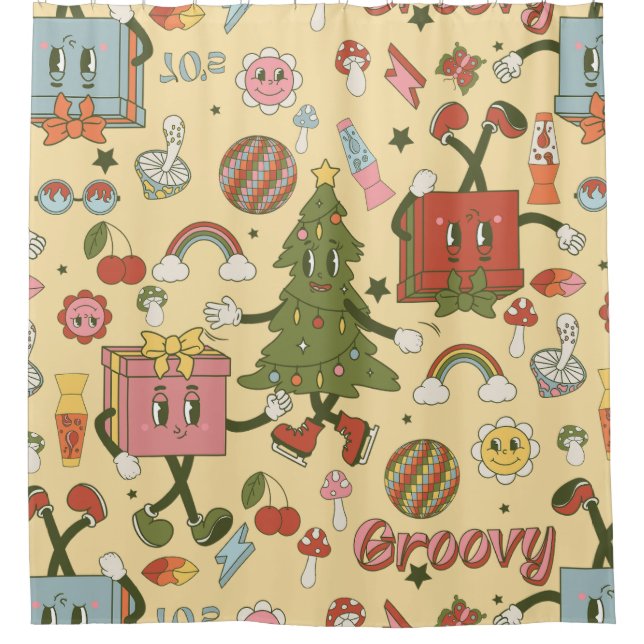 retro groovy 1970er Disco-Weihnachtsbaum Duschvorhang (Vorderseite)
