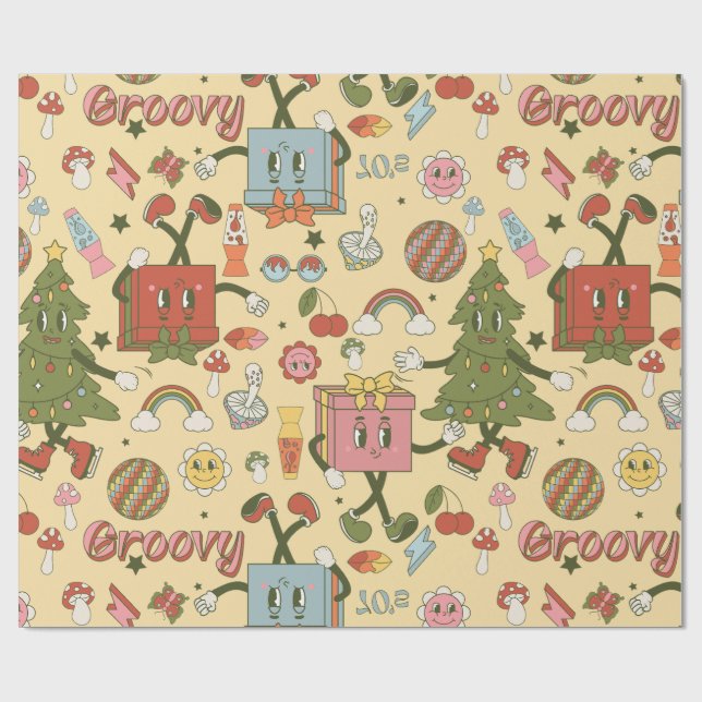 Retro Groovy 1970er Disco-Weihnachtsbaum Geschenkpapier (Flach)