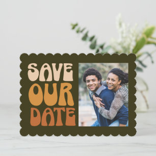 Retro Groovy 70er Brown Green Foto Wedding Save The Date