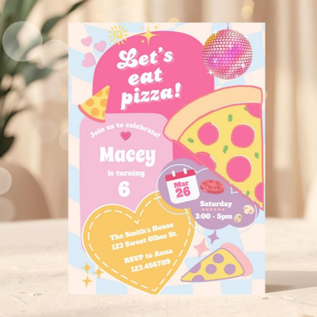 Retro Groovy 70er Disco Mädchen Pizza Party Bunt Einladung (Von Creator hochgeladen)