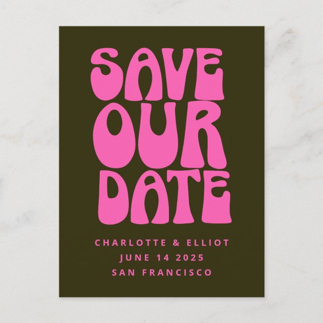 Retro Groovy 70er Hot Pink und Green Save the Date Postkarte (Vorderseite)