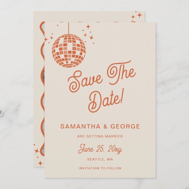 Retro Groovy 70er Ivory Orange Disco Foto Save The Date (Vorne/Hinten)