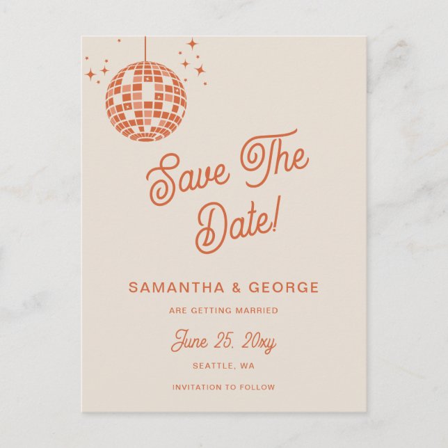 Retro Groovy 70er Ivory Orange Disco Save the Date Ankündigungspostkarte (Vorderseite)