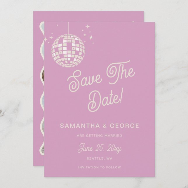 Retro Groovy 70er Ivory Pink Disco Foto Save The Date (Vorne/Hinten)