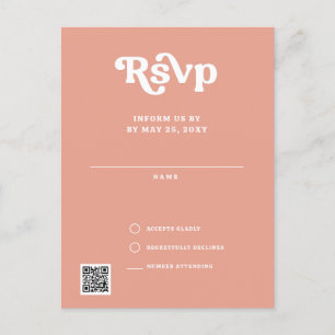 Retro Groovy 70er Jahre Süß Rosa Erröten QR RSVP Postkarte