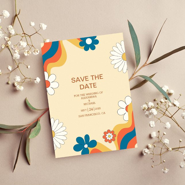 Retro Groovy 70er Jahre Themed Mutes Tones Wedding Save The Date (Von Creator hochgeladen)