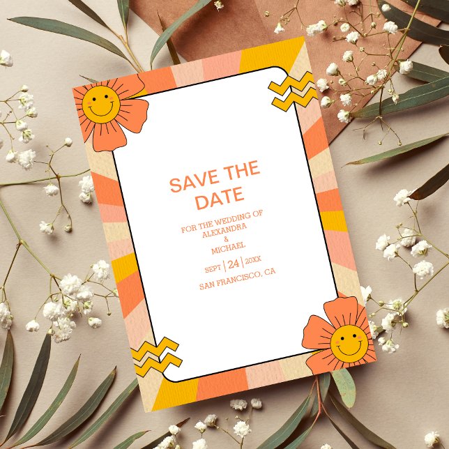 Retro Groovy 70er Jahre Themed Mutes Tones Wedding Save The Date (Von Creator hochgeladen)